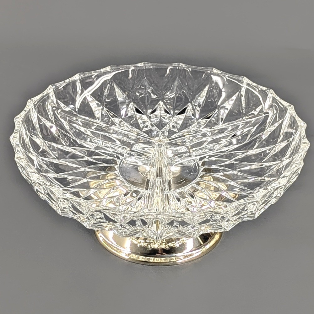 Vintage Divided Glass Candy Dish Diamond Cut Pedestal Silver Base 3 Section